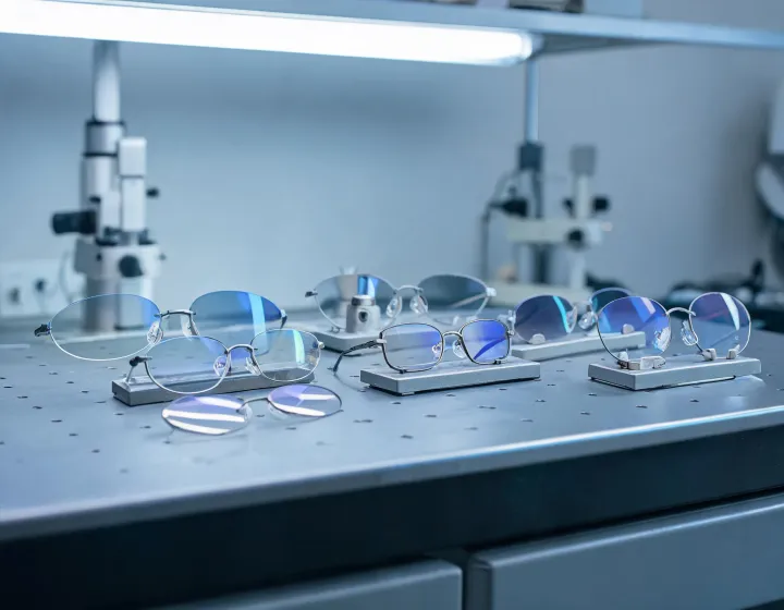 Unlabeled custom optical lenses staged on an optical bench